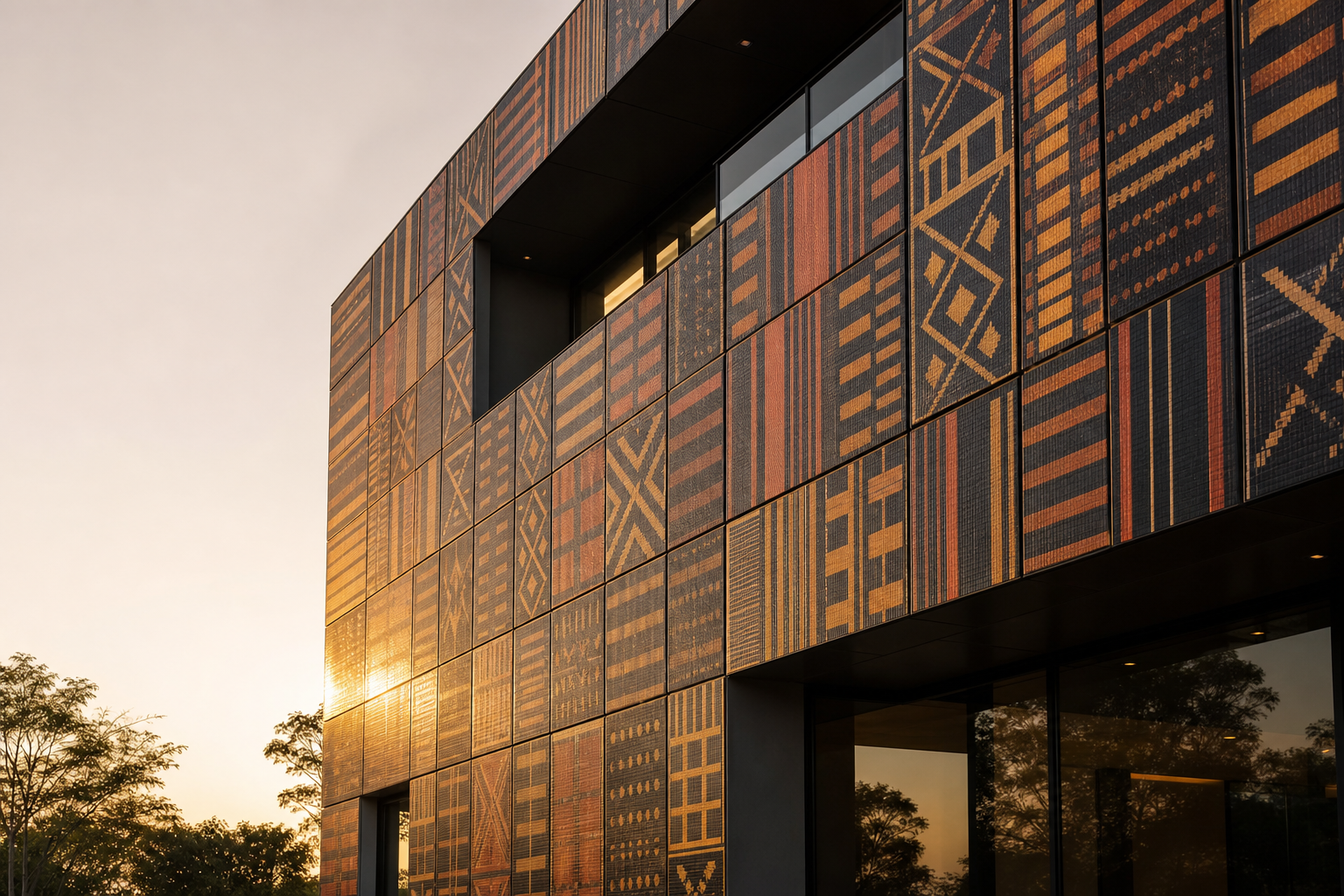 Artistic solar panel facade with African geometric patterns